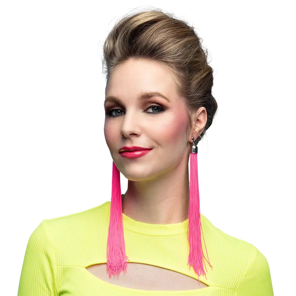 Neon pinke Clip-On Ohrringe mit 20 cm Länge, leuchtend und leicht für Festivals