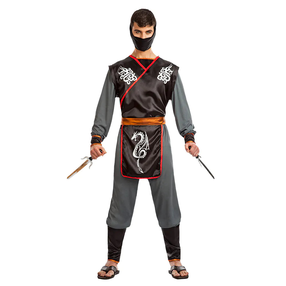 Schwarzes Ninja-Kostüm für Herren mit Maske, Gürtel, Schürze und enganliegendem Design.