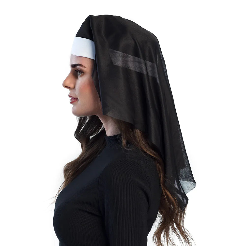 Schwarze und weiße Nonnenhaube aus leichtem Stoff mit elastischem Bund für Kostüme