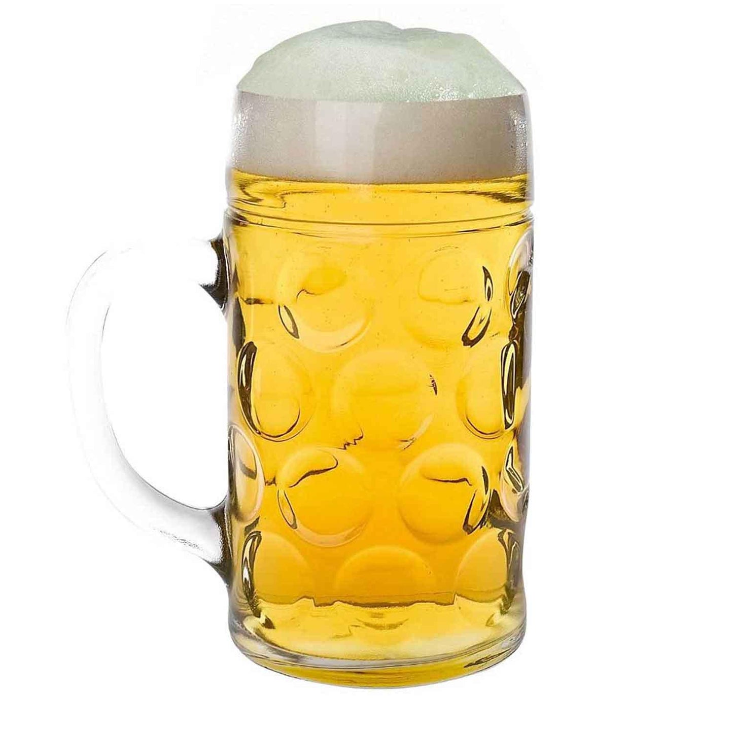 Boland Oktoberfest 1 Liter Glas Bierkrug mit klassischem Dimpelmuster und verstärktem Henkel.
