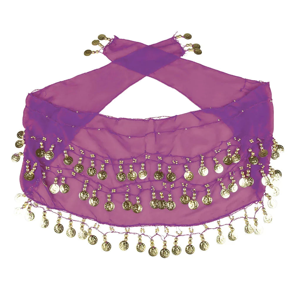 Violettes Bauchtänzer-Kostüm mit Haartuch, glitzernden Armbändern und verstellbarem Hüftschmuck