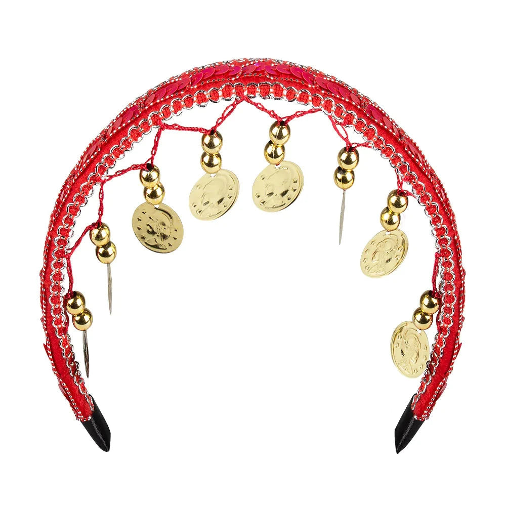 Rotes Bauchtanzkostümset mit Haartuch, Gürtel, Armbändern und Halbmaske.