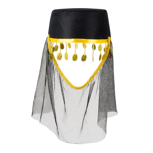 Orientalischer Hut Fatima aus Brokat mit hängenden Münzen in bunten Farben.