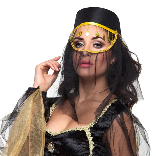 Orientalischer Brokat-Hut Fatima mit goldenen Münzen und elastischem Innenband