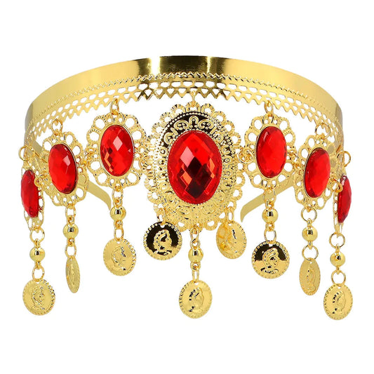 Goldenes Stirnband mit rubinroten Steinen und Anhängern, elegant und glamourös.