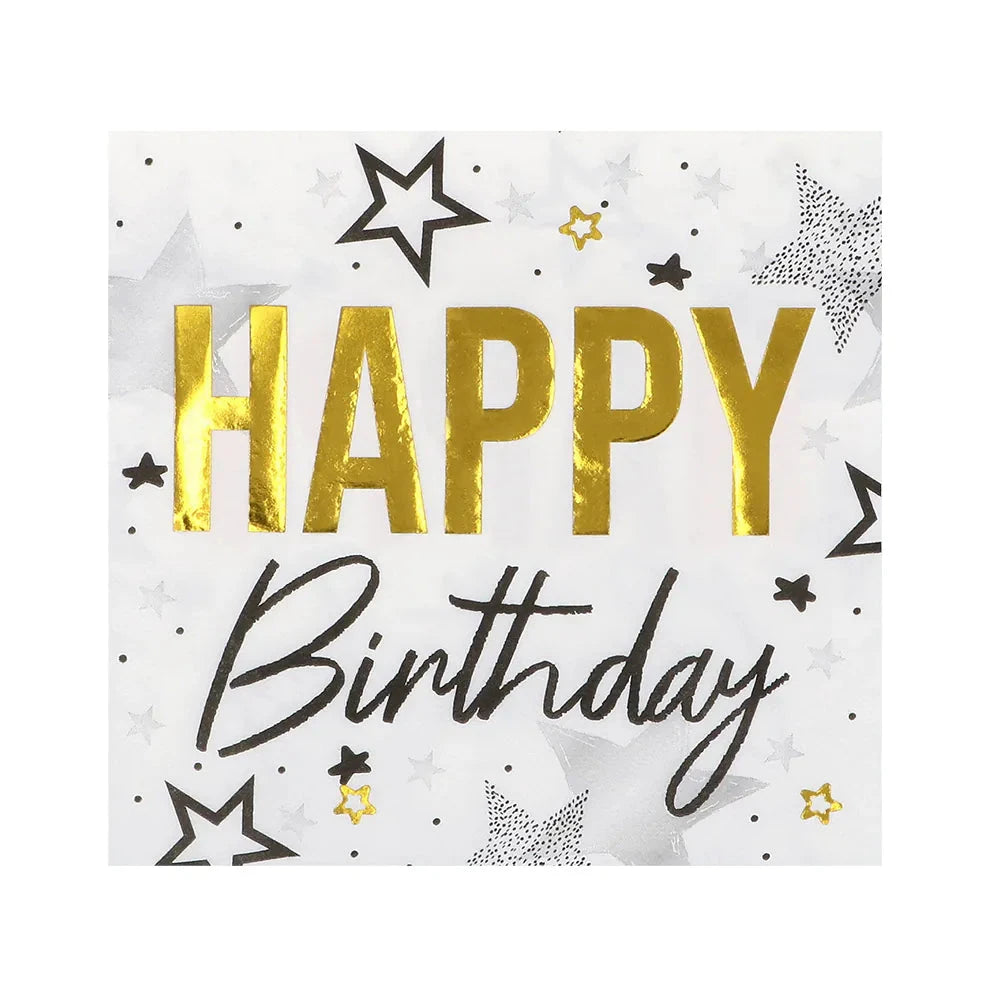 Goldene Servietten mit "Happy Birthday" Schriftzug und Sternen-Konfetti, 33 cm, 20 Stück.
