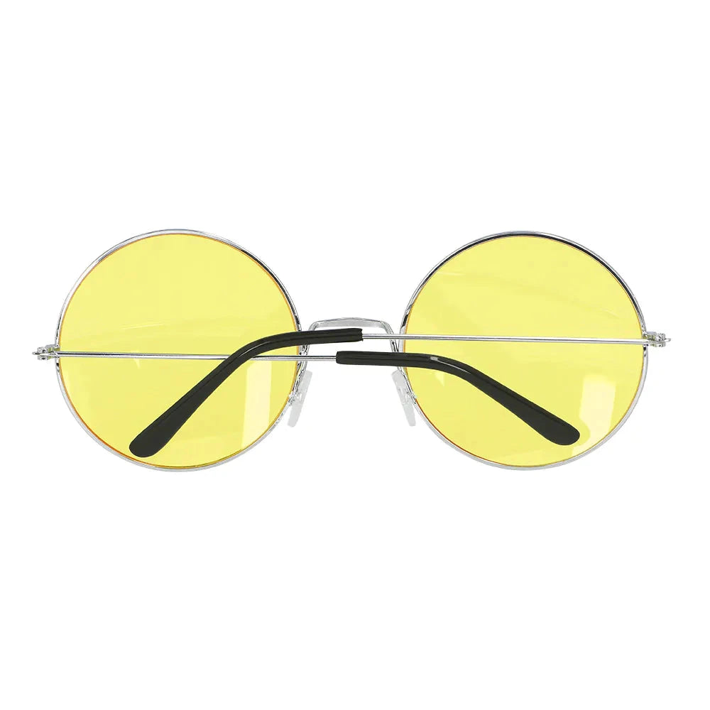 Gelbe XL Hippie-Sonnenbrille mit großen runden Gläsern und leichtem Kunststoffrahmen.