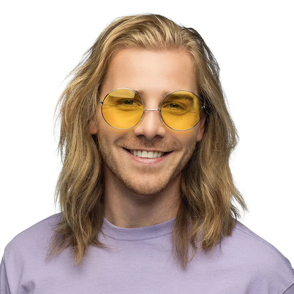 Gelbe, übergroße Hippie-Sonnenbrille mit runden Gläsern und leichtem Kunststoffrahmen.