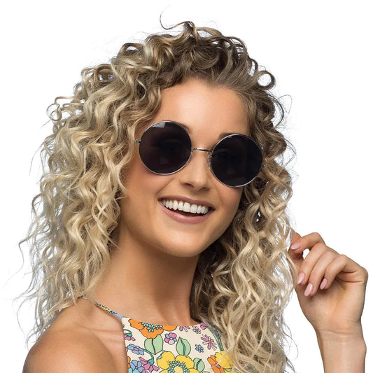 XL Hippie Party Brille mit großen runden grauen Gläsern in leichtem Rahmen.