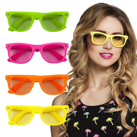 Boland Disco Partybrille in Neonfarben: Gelb, Grün, Orange und Pink mit UV400 Schutz.