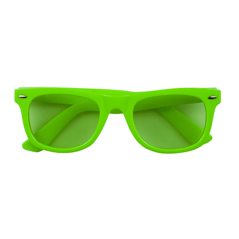 Neongrüne 80er Hippie Sonnenbrille mit UV-reaktiven Bügeln und leichtem Rahmen
