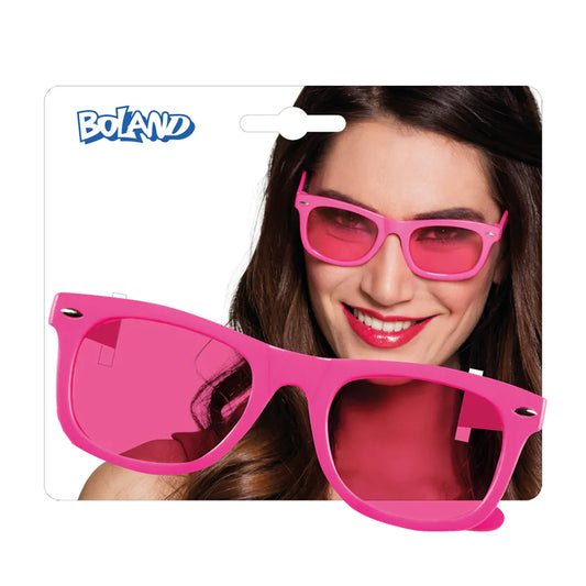 Neon pinke Disco-Sonnenbrille mit UV-Schutz und leichtem Polycarbonatgestell.