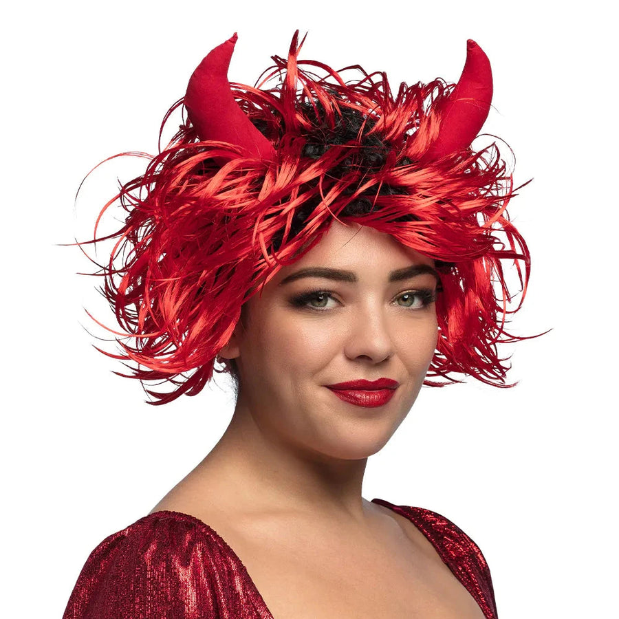Boland Damenperücke Teufelsperücke – Schwarze Locken Mit Roten Hörnern - Fasnacht24.ch