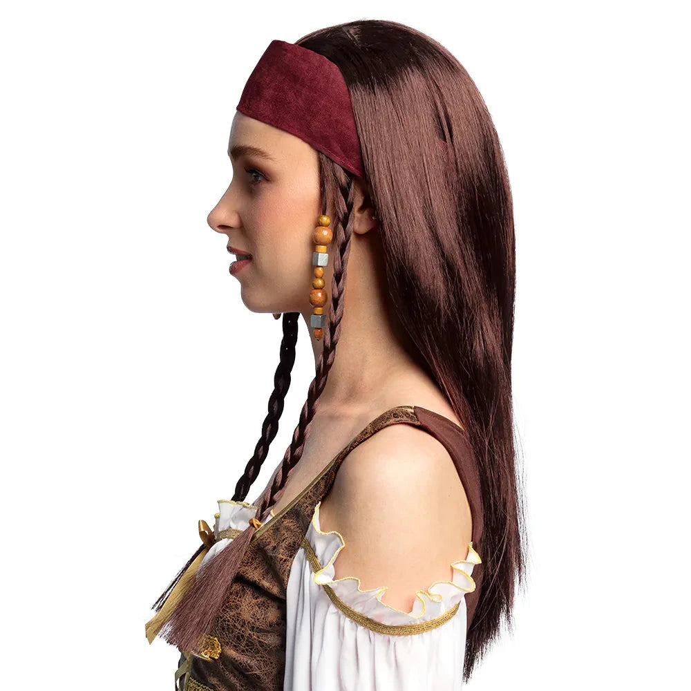 Braune Piratenperücke mit Bandana aus Kunsthaar für Damen, One-Size, verstellbar
