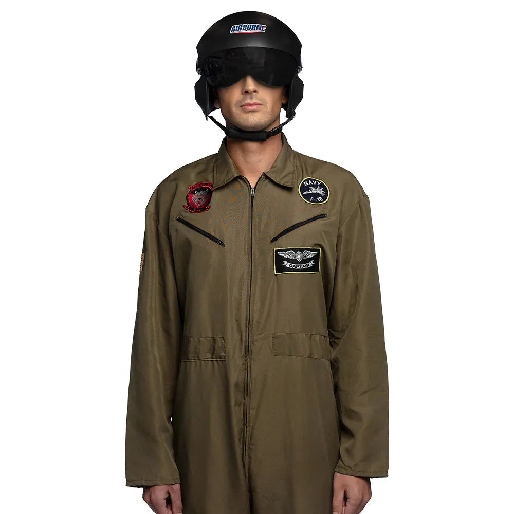 Schwarzer Top Gun Pilotenhelm aus ABS Kunststoff mit klappbarem Visier und gepolstertem Innenfutter