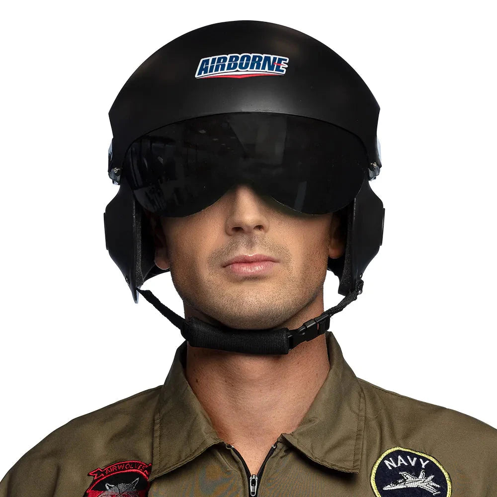 Boland Top Gun Pilotenhelm aus schwarzem ABS mit klappbarem Visier für Erwachsene.