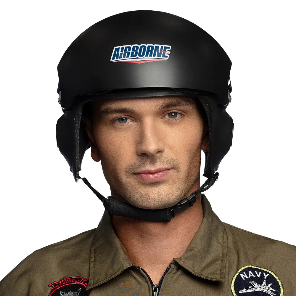 Schwarzer Top Gun Pilotenhelm aus ABS Kunststoff mit klappbarem Visier und verstellbarem Kinnriemen