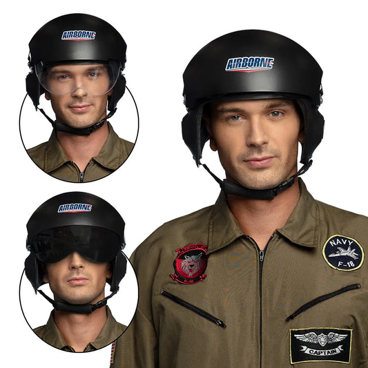 Schwarzer Top Gun Pilotenhelm aus ABS mit klappbarem Visier und gepolstertem Innenfutter