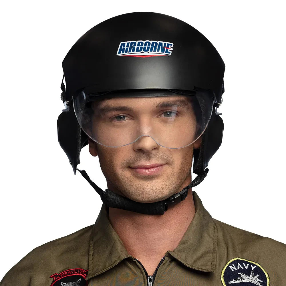 Boland Top Gun Pilotenhelm aus ABS Kunststoff mit Klappvisier in Schwarz und Silber.