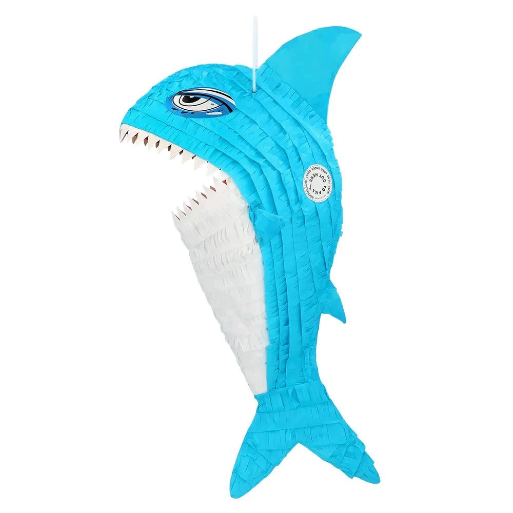 Bunte Piñata in Hai-Form, 38 cm groß, aus Pappe und Papier, bereit zum Befüllen.