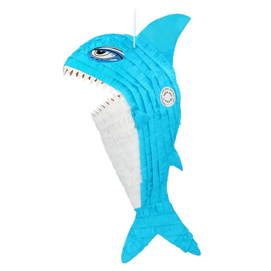 Bunte Piñata in Hai-Form, 38 cm groß, aus Pappe und Papier, bereit zum Befüllen.