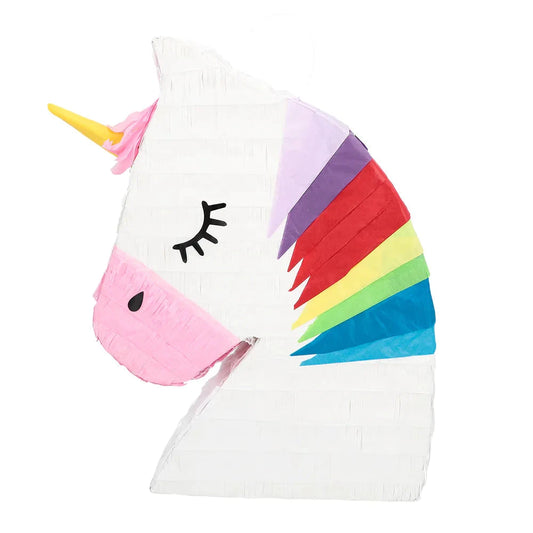 Bunte Einhorn-Piñata in Aurora-Design, 45x33x8cm, aus stabiler Pappe für Partys.