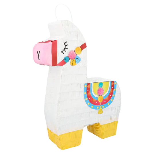 Handgefertigte Lama Piñata aus Pappe in Weiß, Braun und Rosa, 45x33x8 cm groß.