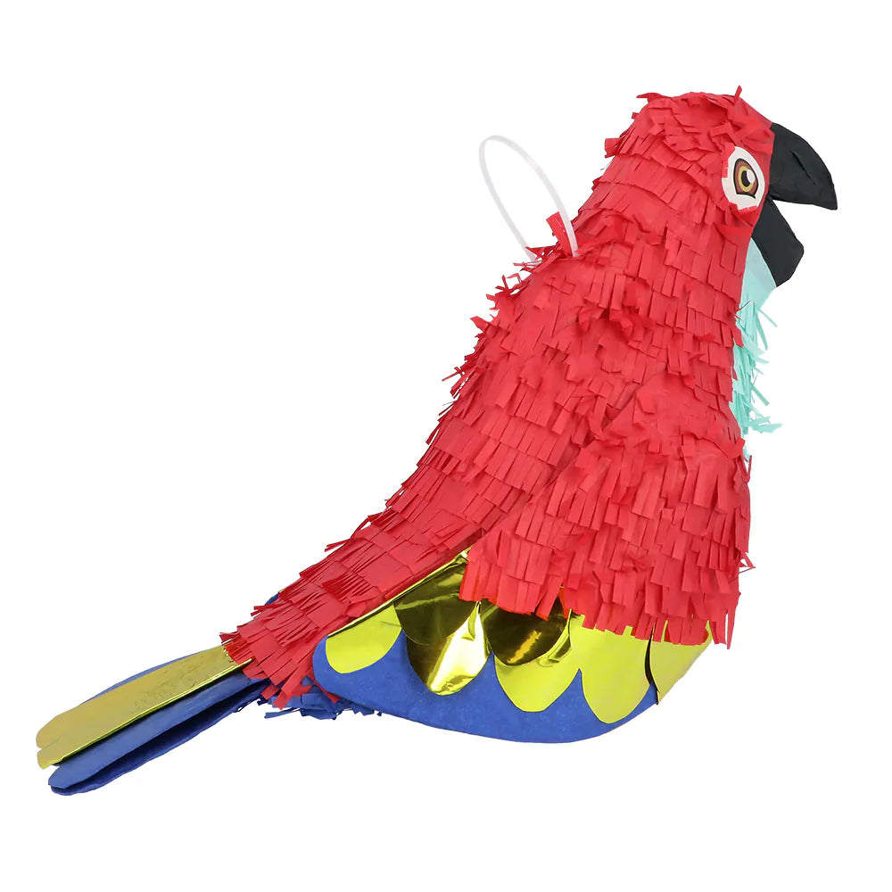 Bunte Papagei Piñata in Form eines tropischen Vogels für Kindergeburtstage.