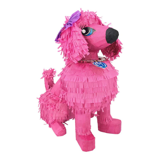 Pink Pudel Piñata in fröhlichem Design, 45x24x38 cm, aus recyceltem Papier gefertigt.