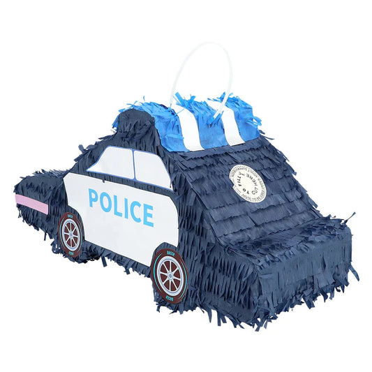 Bunte Piñata in Form eines Polizeiautos aus Pappe, ideal für Kinderpartys.