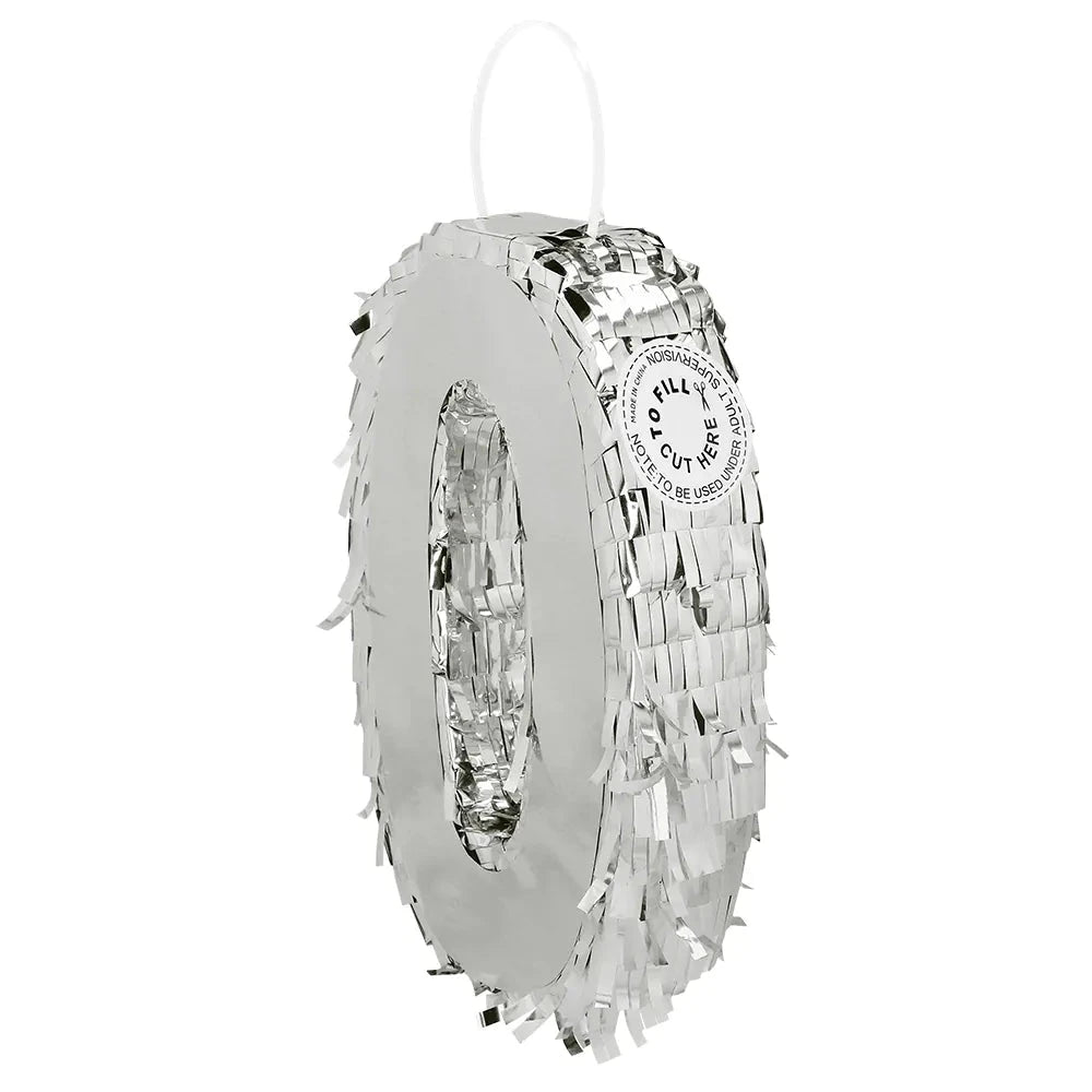 Silberne Piñata Zahl 0 aus metallic Karton mit 5 cm Tiefe als Geburtstagsdeko