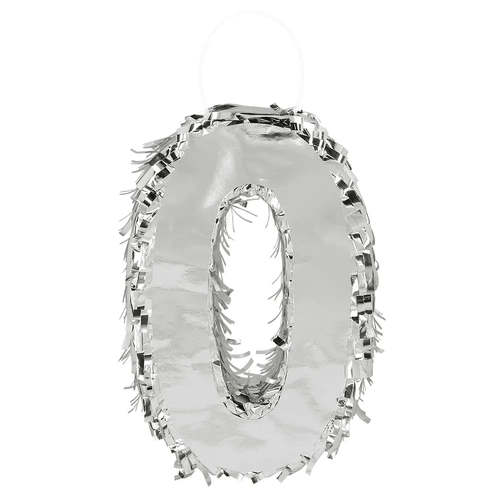 Silberne Piñata in Form der Zahl 0, 25 x 16 cm, glänzende Oberfläche, ideal für Geburtstagsfeiern.