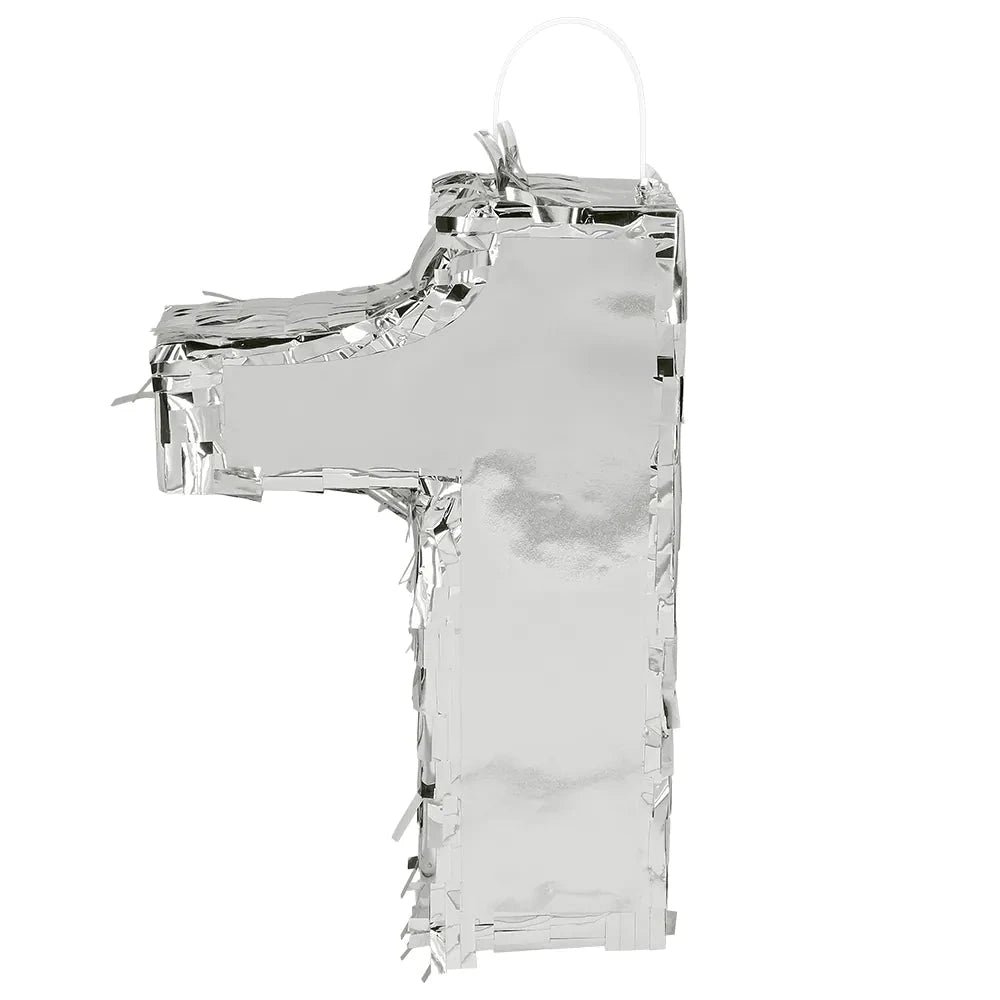 Silberne Piñata in Form der Zahl 1, 25 cm hoch, glänzende Oberfläche und stabile Konstruktion.