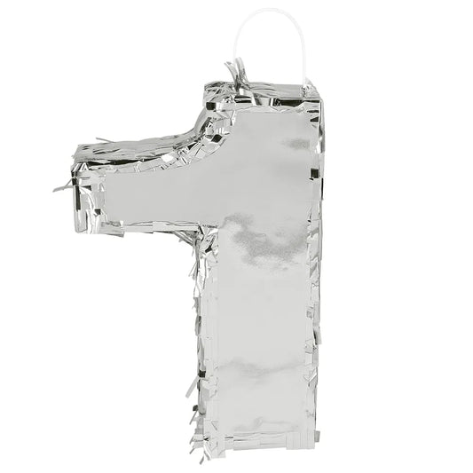 Silberne Piñata in Form der Zahl 1, 25 cm hoch, glänzende Oberfläche und stabile Konstruktion.