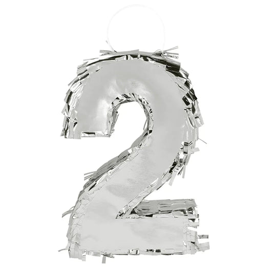 Silberne Piñata in Form der Zahl 2, 25 cm groß, für Geburtstags- und Jubiläumsdeko.