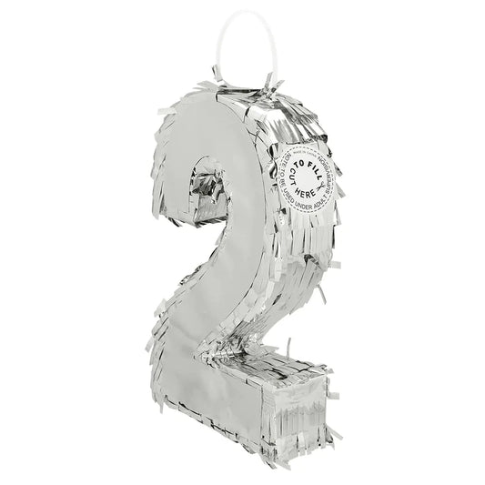 Silberne Piñata in Form der Zahl 2, glänzend, 25 cm groß, für Geburtstagsfeiern.