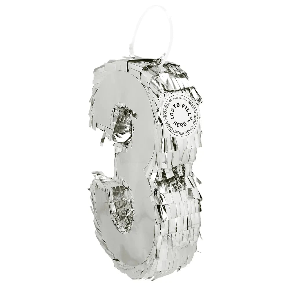 Silberne Piñata in Form der Zahl 3 aus 25 cm Karton für Geburtstagsfeiern und Jubiläen.