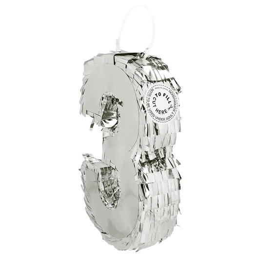 Silberne Piñata in Form der Zahl 3 aus 25 cm Karton für Geburtstagsfeiern und Jubiläen.