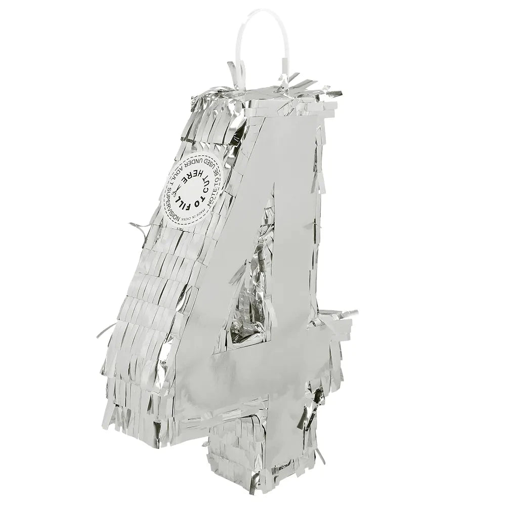 Silberne Piñata in Form der Zahl 4 aus Karton, 25x16x5cm, für Partys und Feiern.