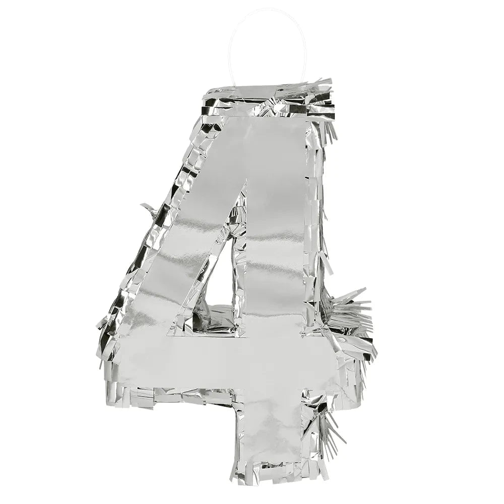 Silberne Piñata in Form der Zahl 4 aus Pappe, 25x16x5 cm, für Kindergeburtstag.