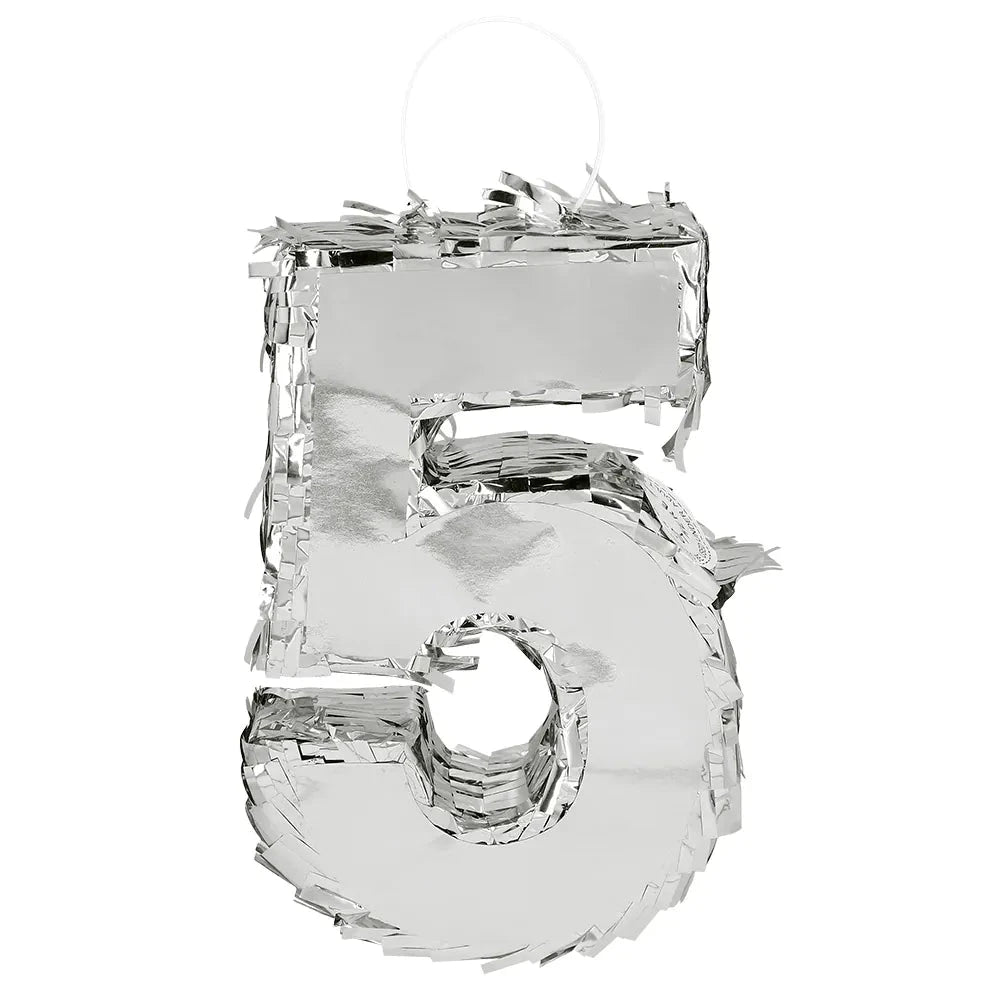 Silberne Piñata in Form der Zahl 5 aus Karton, 25x16x5cm, mit metallic Oberfläche.