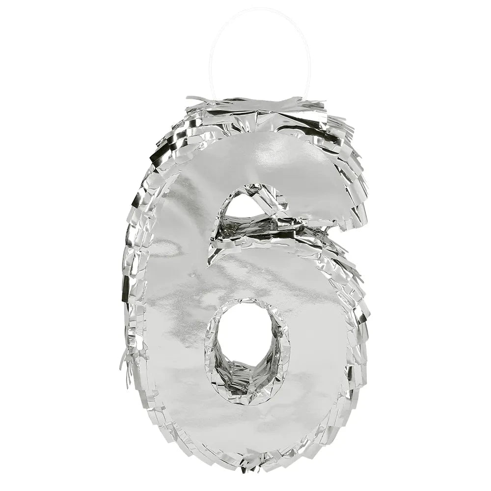 Silberne Nummer 6 Piñata mit metallischem Finish, 25 cm, ideal für Geburtstagsfeiern.