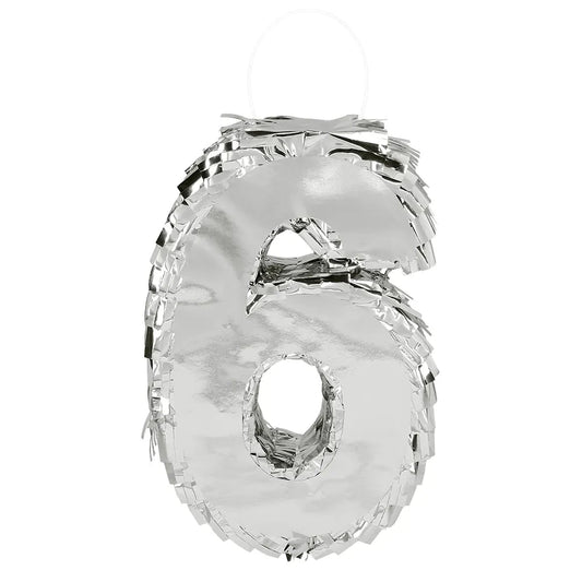 Silberne Nummer 6 Piñata mit metallischem Finish, 25 cm, ideal für Geburtstagsfeiern.