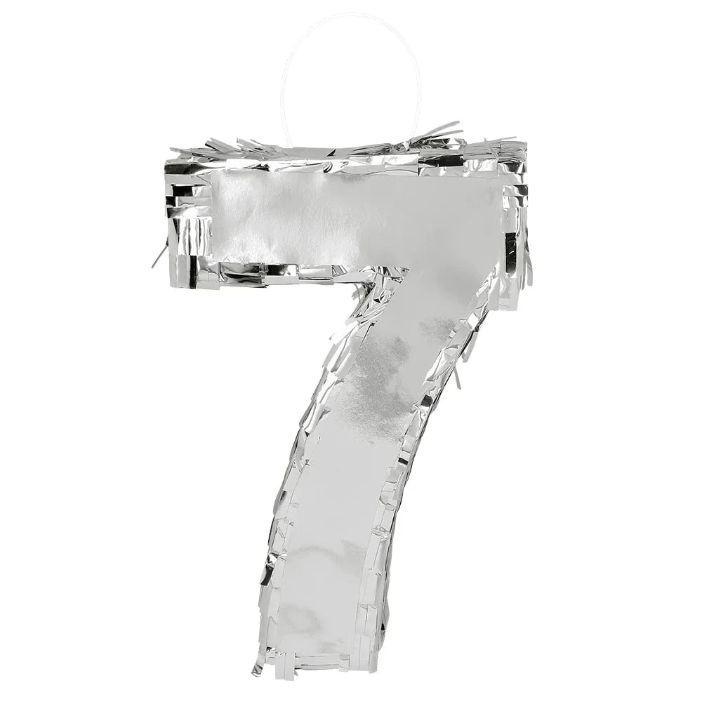 Silberne Piñata in Form der Zahl 7, glänzend, 25x16x5cm, aus stabiler Pappe.