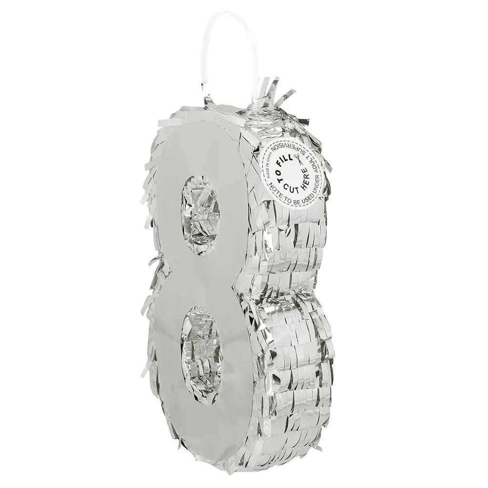 Silberne Piñata in Form der Zahl 8, 25x16x5cm, aus stabiler Pappe für Geburtstagsfeiern.
