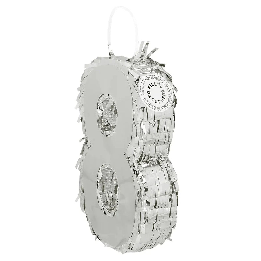 Piñata Zahl 8 Silber – Boland Karton 25x16x5 cm Geburtstagsdeko - Fasnacht24.ch – Detailansicht