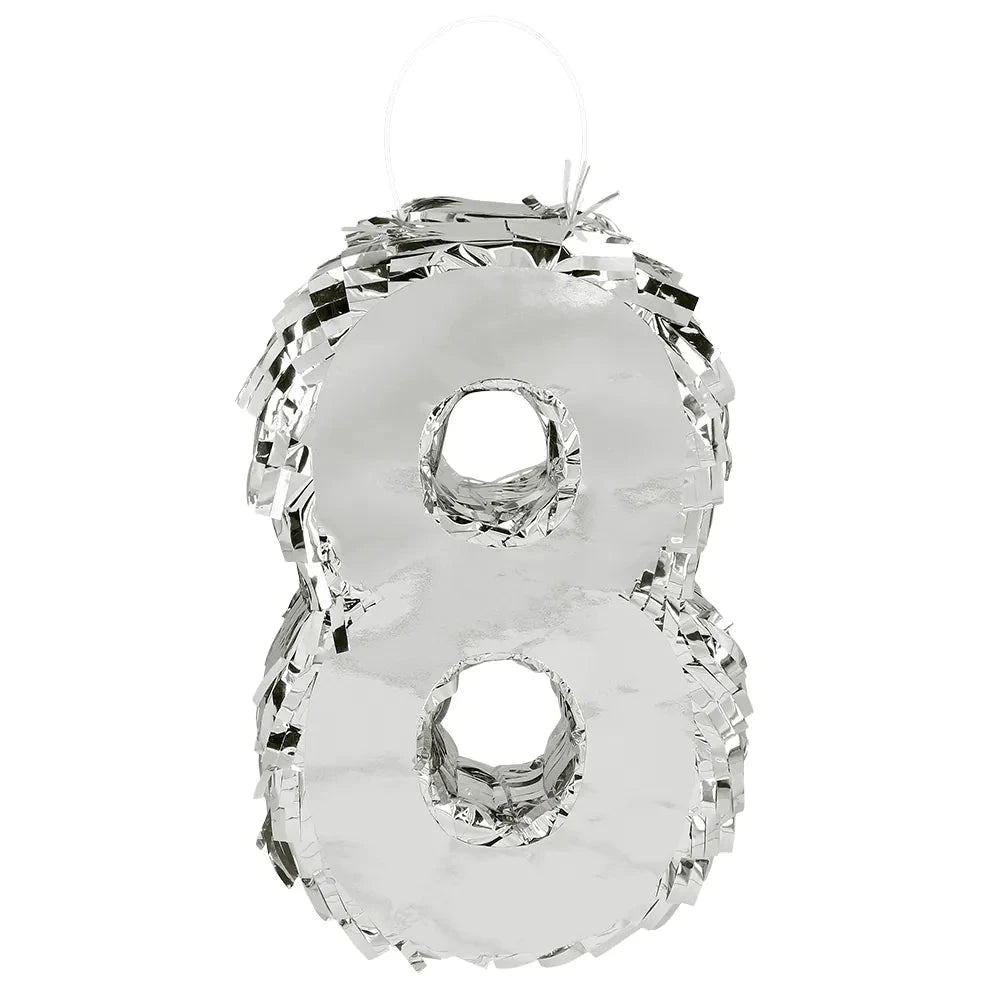Silberne Piñata in Form der Zahl 8 aus Pappe, 25x16x5 cm, mit Aufhängeschnur