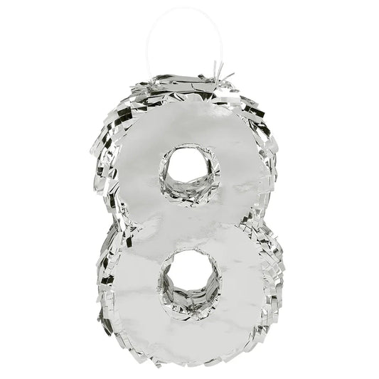 Silberne Piñata in Form der Zahl 8 aus Pappe, 25x16x5 cm, mit Aufhängeschnur