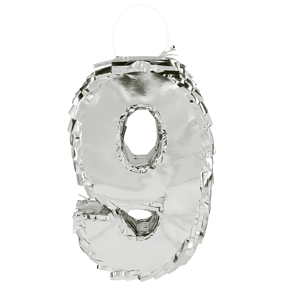 Silberne Piñata in Form der Zahl 9 aus Papier-Maché, 25x16x5 cm, Geburtstagsdeko