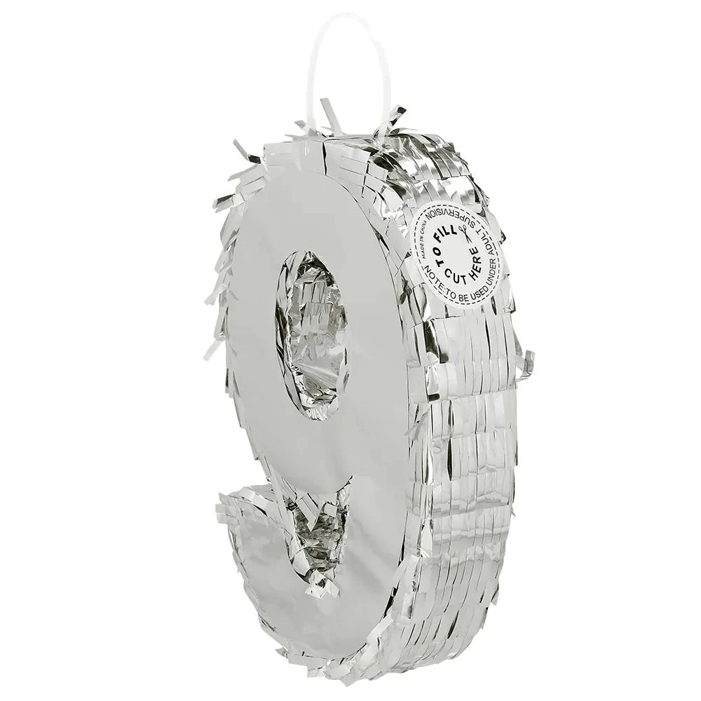 Silberne Piñata in Form der Zahl 9, 25x16x5 cm, aus robustem Papier-Maché.